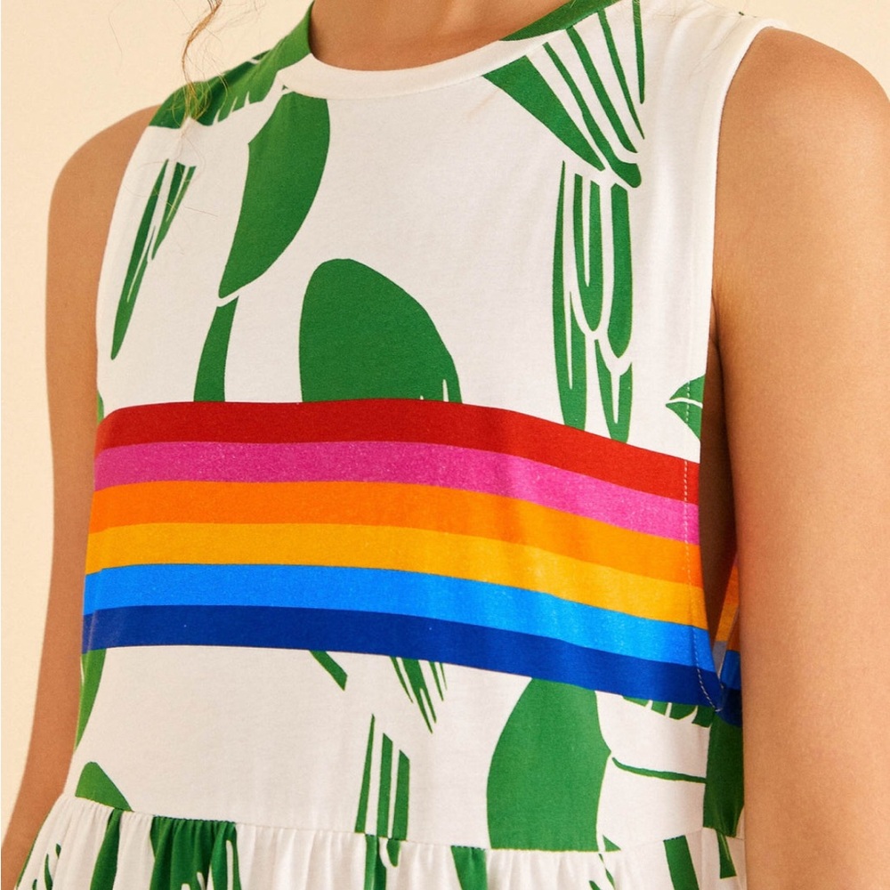 FARM Rio White Maxi Dress with Green Print and Rainbow Bodice - Picture 5 of 13